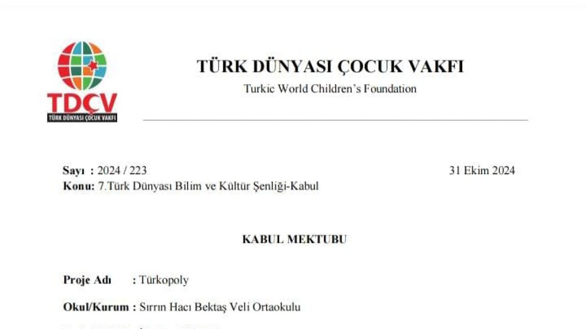 TÜRK DÜNYASI ÇOCUK VAKFININ DÜZENLEDİĞİ YARIŞMAYA OKULUMUZ KATILDI